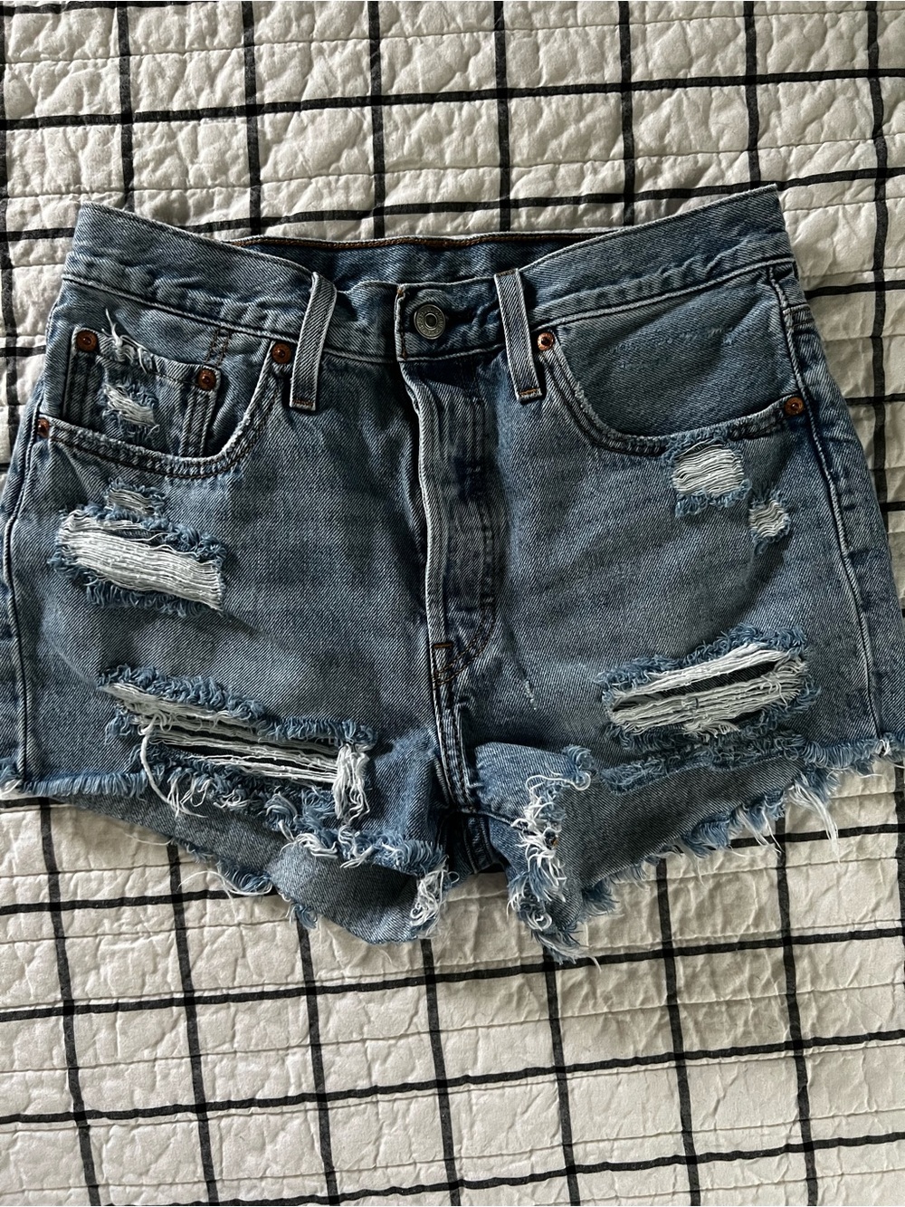 Distressed Mid-Rise Denim Shorts - Blue